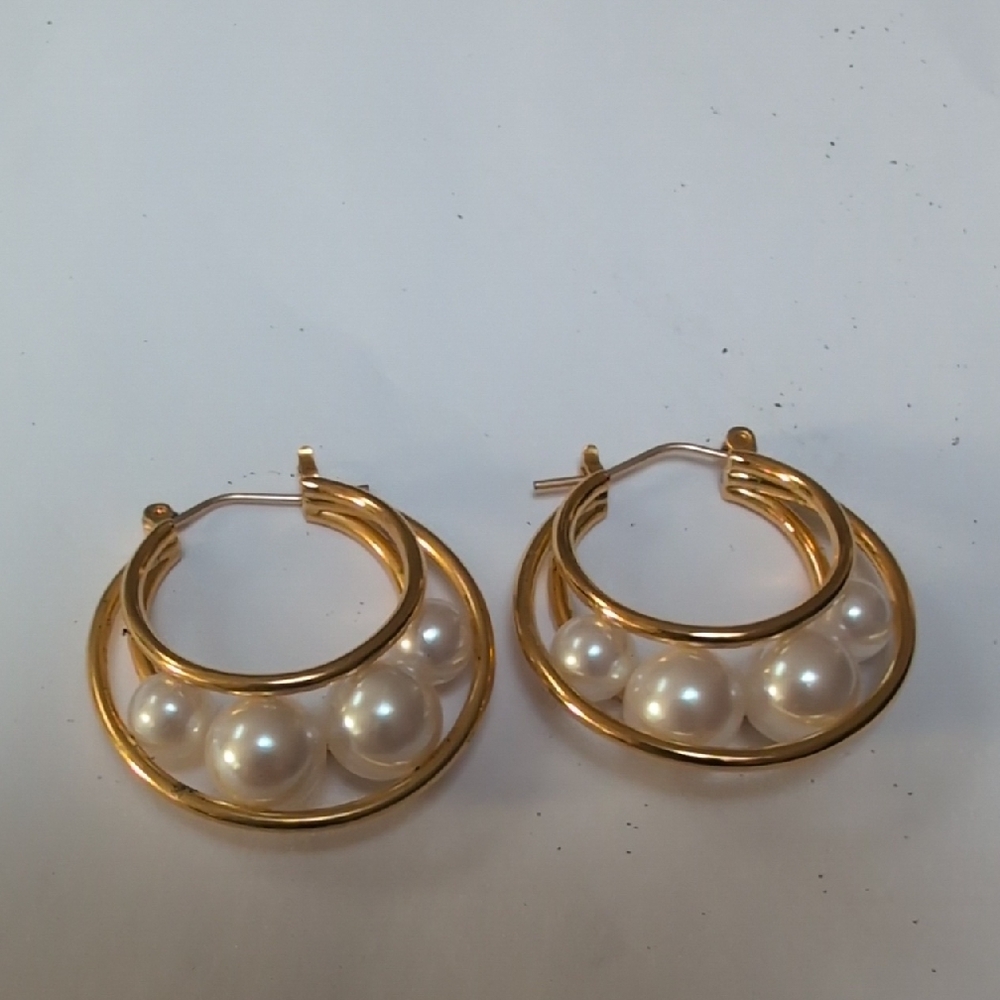 Gold and Pearl Accent Hoop Earrings